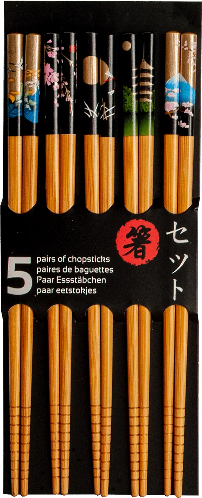 Ätpinnsset i svart och guld med japanskt motiv. Storlek
