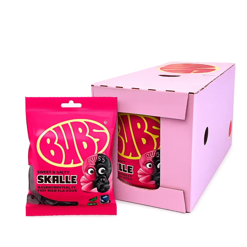BUBS Raspberry Salty Licorice Skalle 90g 16st Storpack