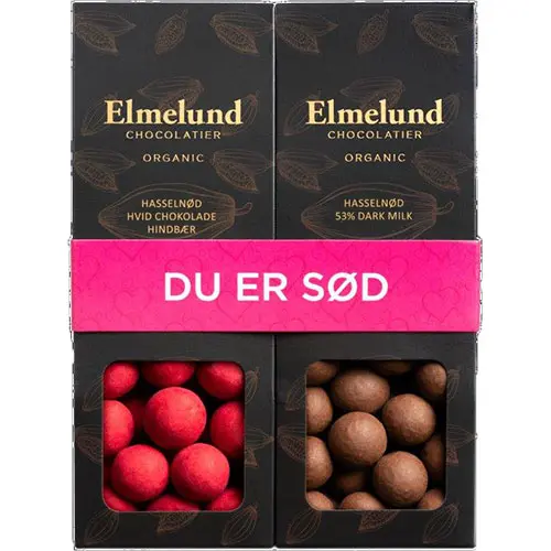 Elmelund Choklad Vit Choklad & Hallon, Mörk Choklad Hasselnötter Ekologisk | 180 g