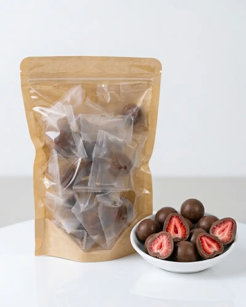 Frystorkade jordgubbar i mörk choklad