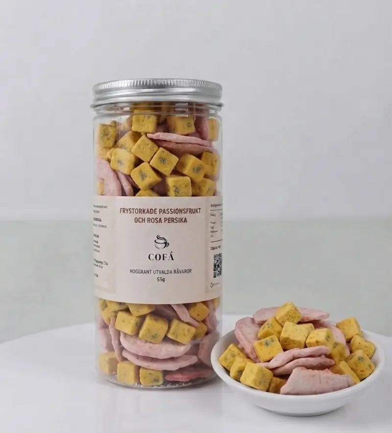Frystorkade passionsfrukt och rosa persika - 50g