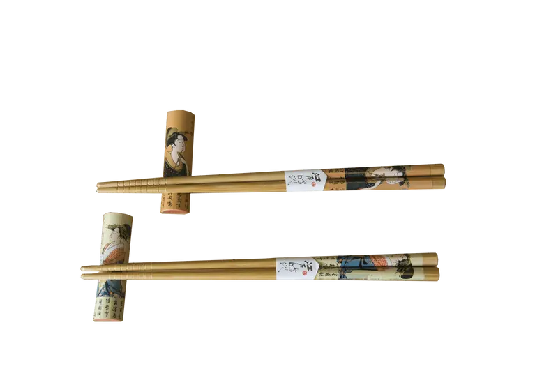 Japanskt ätpinnsset med Geisha-motiv och hållare. Storlek