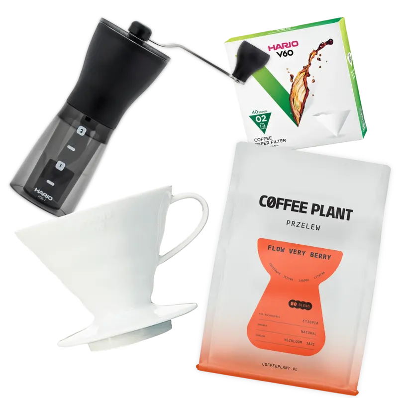 Keramiskt Pour Over Startkit - V60-02 Dripper + Filter + Kvarn + Bryggkaffe