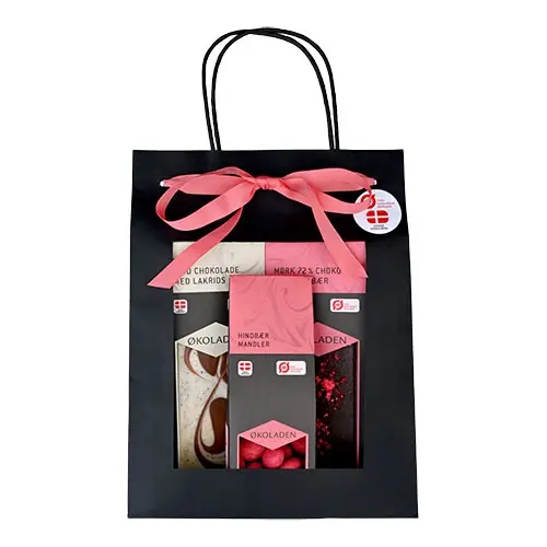 Økoladen Gourmet Presentpåse Økologisk med 2 chokladkakor och dragé mandlar | Rosa