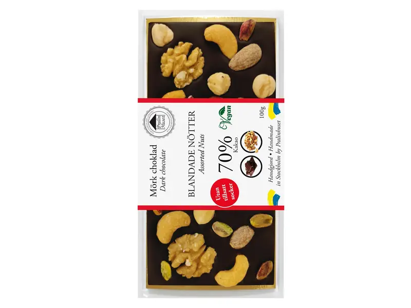 Pralinhuset Sockerfri Mörk Choklad Nötter 70% 100g